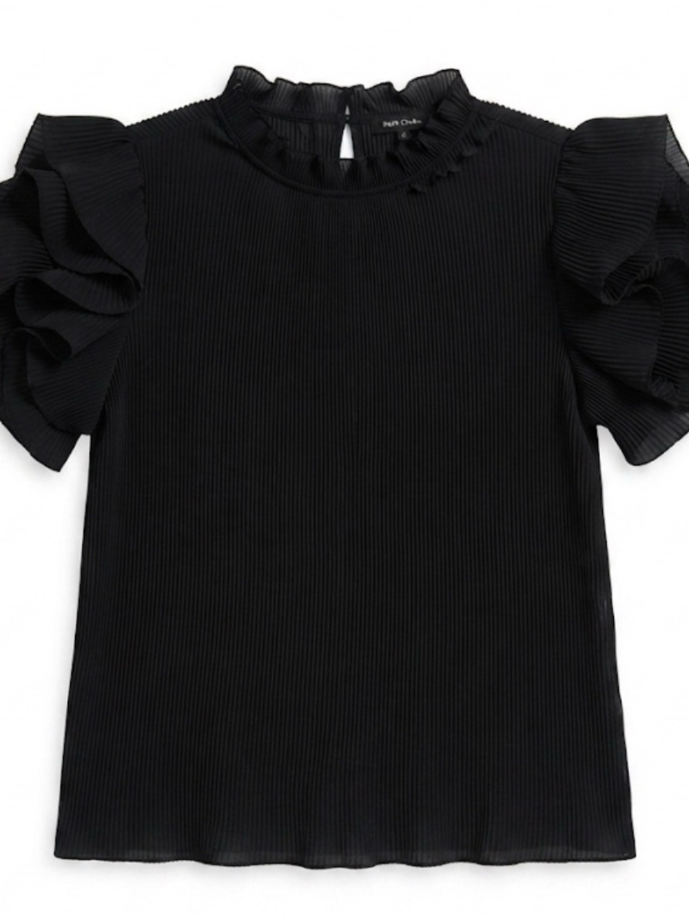 Buxom Curvy Black Ruffled Short-Sleeve Pleated Blouse.